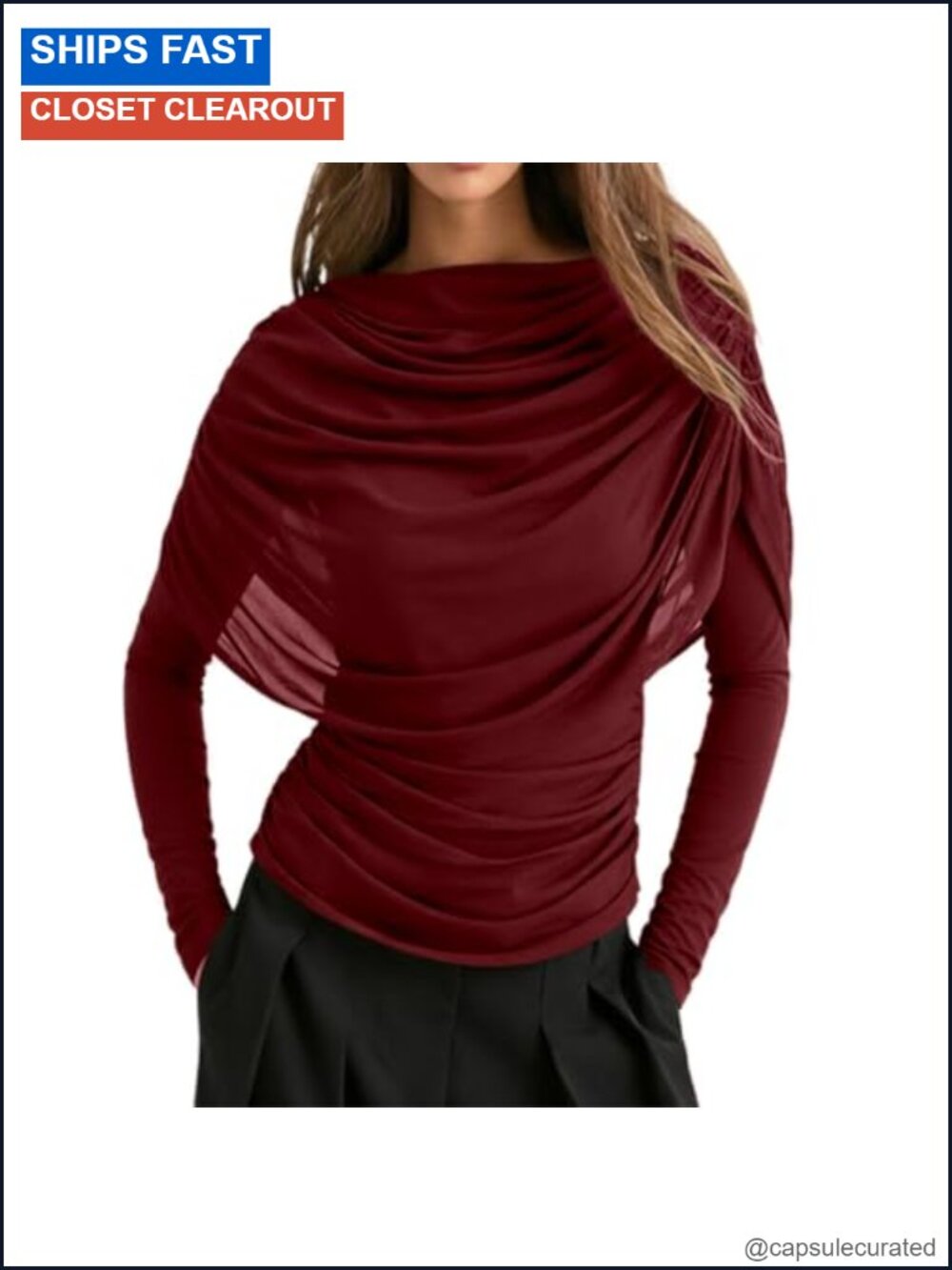 Women Trendy Half Cape Long Sleeve Ruched Blouse Y2K Draped Boat Neck Mesh